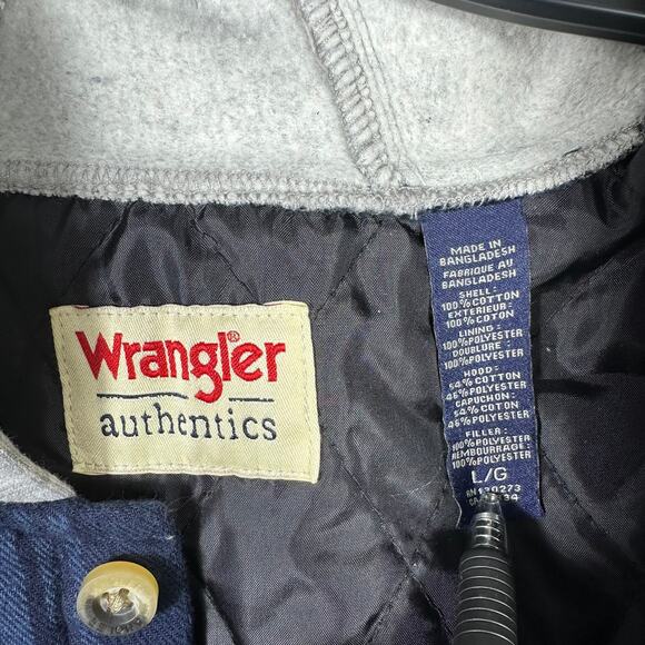 Wrangler Authentics Flannel Quilted Lined Men's Large Hooded Jacket Blue Plaid - Picture 2 of 6